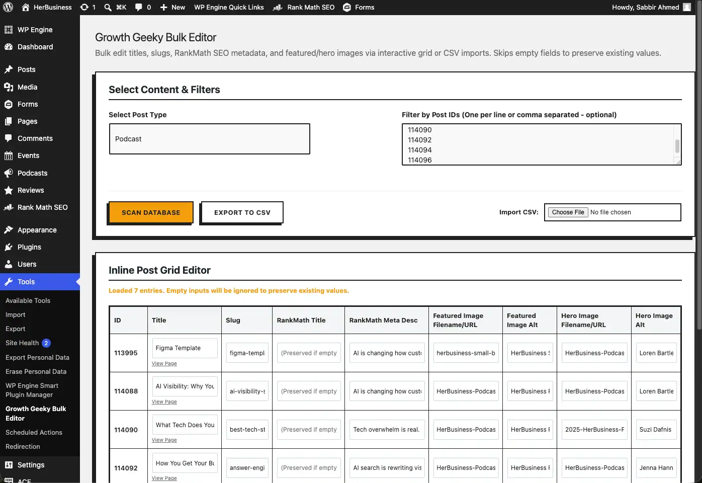Interactive AJAX spreadsheet built to manage RankMath metadata, image downloads, and user redirections.
